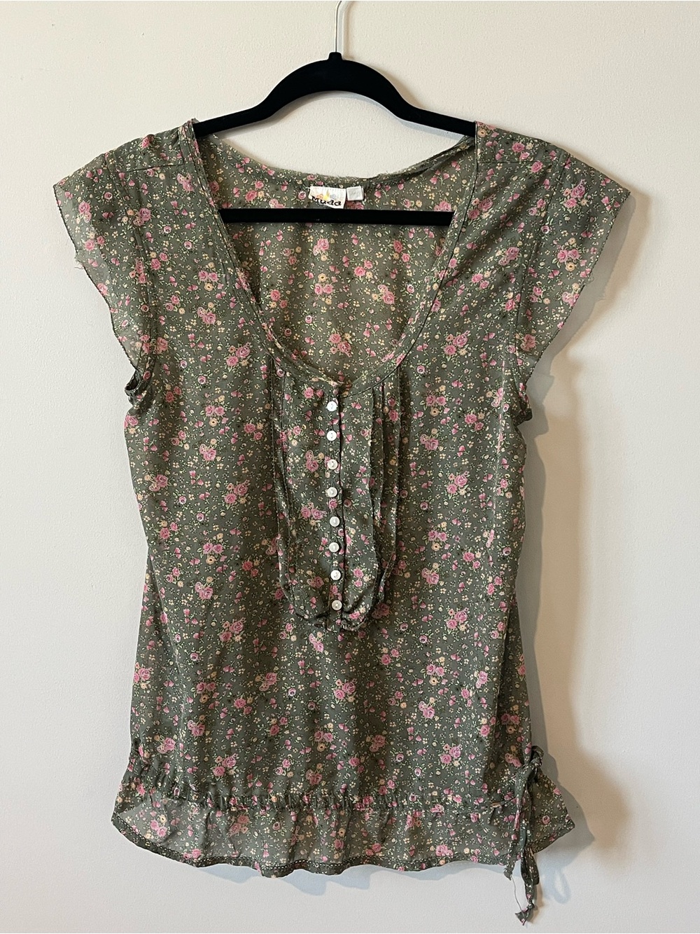 Mudd Olive Button-Front Ruffle Blouse - Pink Floral